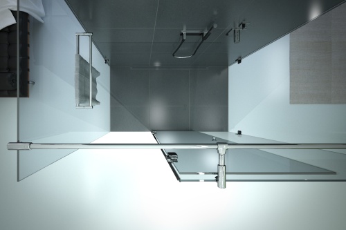 Die Aufsicht zeigt, wie der Türflügel bei 180° Öffnung parallel zum Seitenglas steht.