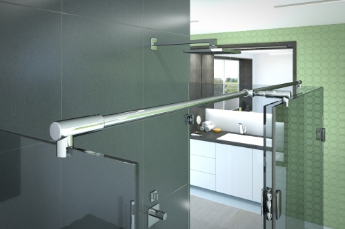 Eine T-Stange, die beide Seitengläser und das feste Frontglas verbindet, erhöht die Stabilität der Duschkabine.