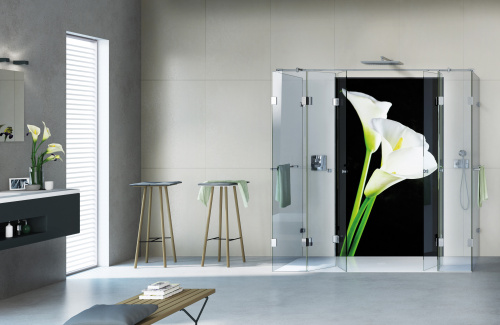 Duschkabine JOSEPHINE von glassdouche, Breite 200 cm, Tiefe 90 cm, Höhe 200 cm, mit Duschrückwand HELENE von glassdouche, Designmotiv Doublecalla