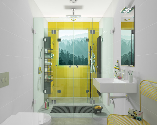 Eine Duschkabine über die gesamte Breite des Raumes: Zwei bodenebene, im Abstand 100 cm montierte Duschabtrennungen JOSEPHINE von glassdouche, jeweils mit zwei zweiteiligen Falttüren.