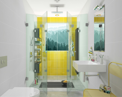 Die für ein Bad dieser Größe groß bemessene Duschfläche beträgt beachtliche 160 x 100 cm. Die ausgereifte Beschlag-Technologie der Serie JOSEPHINE erlaubt vollständiges Falten der Türen bis ganz an die Wand – bei geöffneten Türen ist der Raum bequem bis in den hinteren Badbereich begehbar.