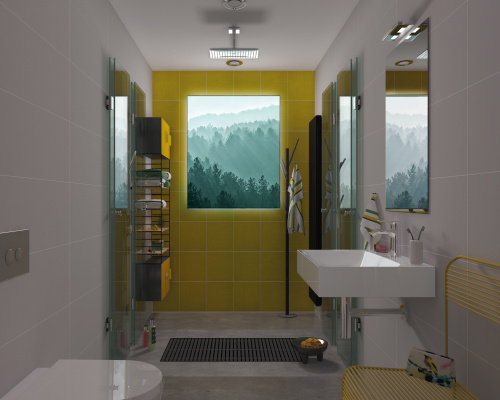 Die Stirnseite hat, wie so oft in kleinen Bädern, kein Fenster – stattdessen eine (unabhängig vom Hauptlicht) schaltbare Leuchtwand HELENE von glassdouche, hier mit dem Motiv Woodland, in den Maßen 90 x 110 cm.