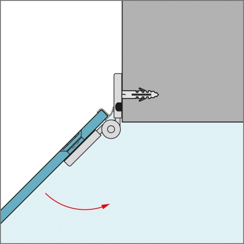 glassdouche JOSEPHINE Glas-Wand-Scharnier, Montage 135°, flächenbündig im Glas, Wandschenkel innen, nach außen öffnend.