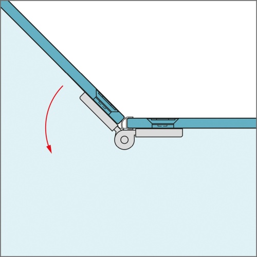 glassdouche JOSEPHINE Glas-Glas-Scharnier, Montage 135°, flächenbündig im Glas, nach außen öffnend.
