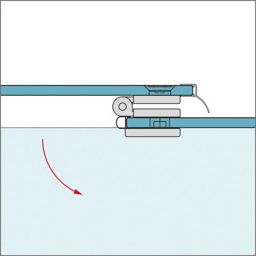 glassdouche JOSEPHINE Glas-Glas-Scharnier, Türglas überlappend mit Gegenplatten außen, innen flächenbündig im Glas, nach außen öffnend.