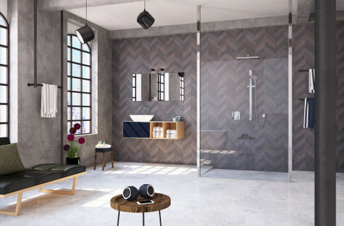 glassdouche KATHARINA Modell 404, Raum-Dusche mit zwei deckenhohen Design-Profilen in Chrom.