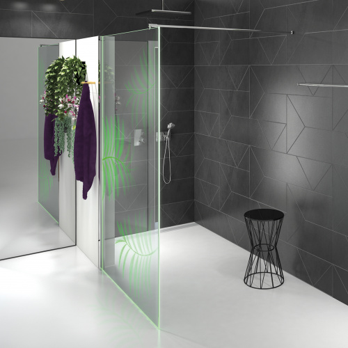 Glassdouche Serie LUCILIE Modell 401 B mit InLaser-Motiv LEAVES und Gelenkstange RUTH.