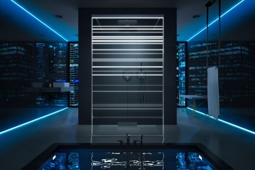 Duschwand Modell 405 B der InLaser-Serie LUCILIE von glassdouche, Design-Motiv LINES, Glasmaße H 200 x B 120 cm.