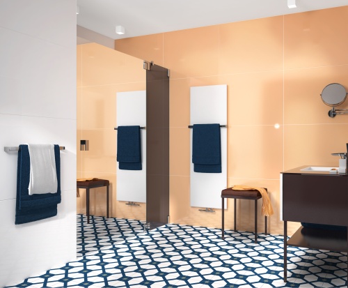 Die Dusch-Nische in dieser Bad-Inspiration ist eine iF-Design-Award-gekrönte MARGARETHE von glassdouche. Das feste, wandmontierte Seitenglas in edlem Anthrazit; die daran montierte Tür aus Mirastar-Spezialglas.