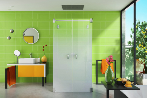 Das neue Spezialglas Sandblast Flow ermöglicht Duschtüren und Seitengläser mit fließendem Übergang von absolut transparent zu völlig blickdicht – sowohl vertikal als auch horizontal, sowohl in einem Teilbereich oder über das ganze Glas erstreckt.