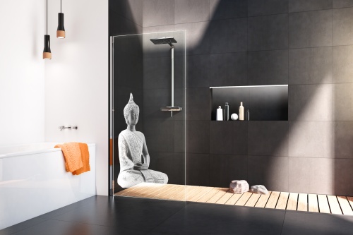 Customizing dient auch im Badezimmer vor allem zwei Zwecken: Erfüllung individueller (Design-)Ansprüche und Präsentation der eigenen Persönlichkeit. Hier das glassdouche Lasermotiv BUDDHA.